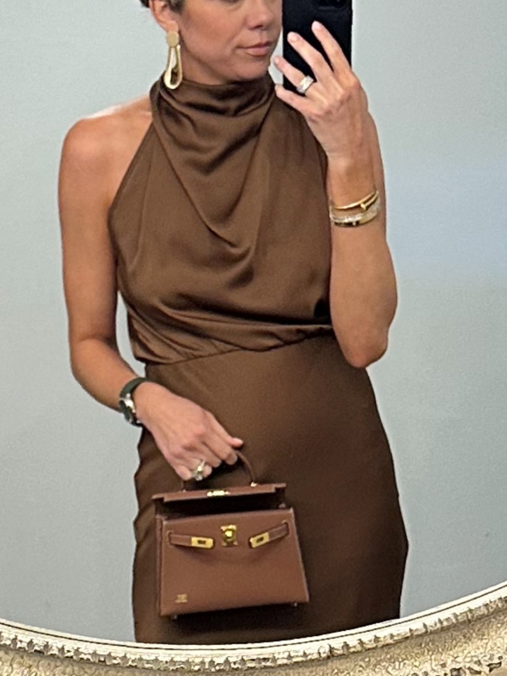 PrettyLittleThing Brown One Shoulder Satin Halter Dress